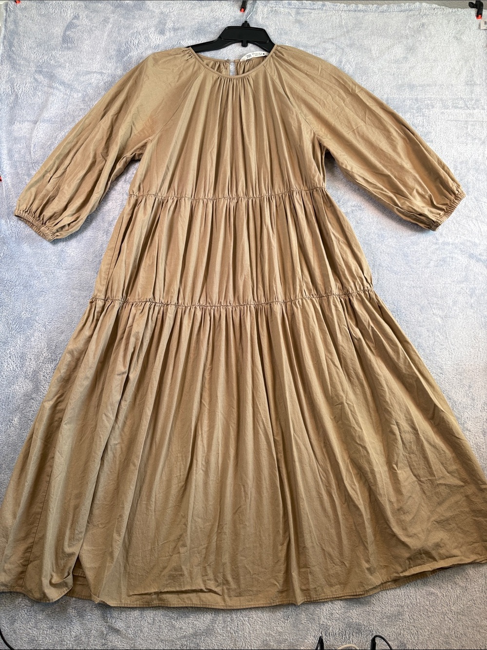 Zara Camel Tiered Maxi Dress with Balloon Sleeves